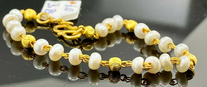 22k Bracelet Solid Gold Children Jewelry Simple Pearl and Beads Design CB1156 - Royal Dubai Jewellers