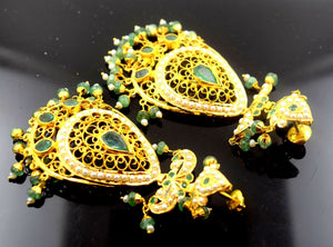 22k Solid yellow Gold Emerald LONG EARRINGS chandeliers Dangle DANGLING E612 - Royal Dubai Jewellers