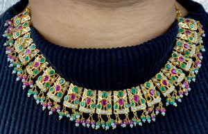 22k Necklace Set Solid Gold Ladies Classic Multi Stone Jadau Design LS126 - Royal Dubai Jewellers
