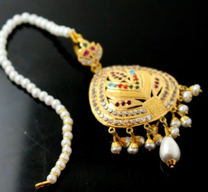 22k 22ct Solid Gold DESIGNER JADAU NAVRATAN STONE Mang tikka with Hook BOX T36 - Royal Dubai Jewellers