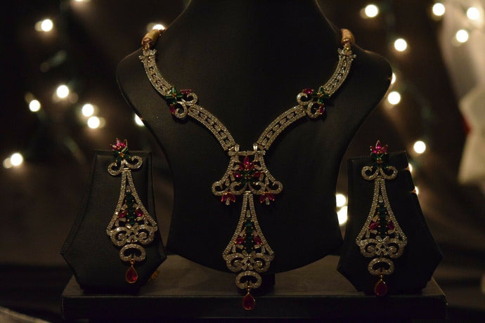 22k Necklace Set Solid Gold Ladies Classic Tri Color Stone Encrusted LS132 - Royal Dubai Jewellers