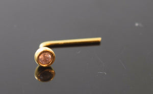 Authentic 18K Yellow Gold L-Shaped Nose Pin Stud Pink Birth Stone October n46 - Royal Dubai Jewellers