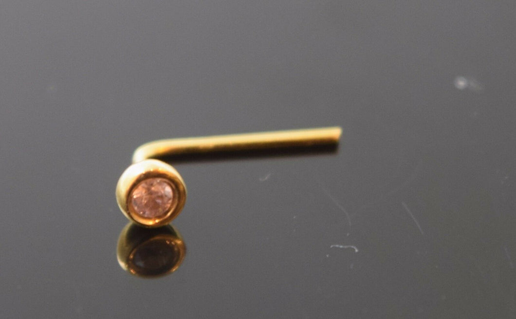 Authentic 18K Yellow Gold L-Shaped Nose Pin Stud Pink Birth Stone October n45 - Royal Dubai Jewellers