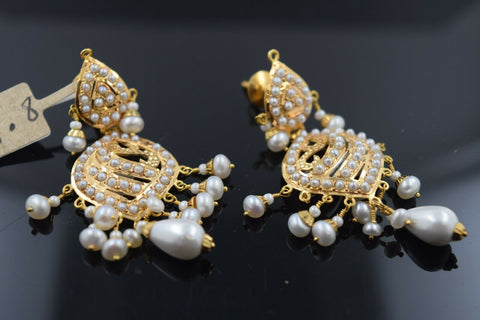 22k Earring Solid Gold Ladies Jewelry Filigree with Pearl Design E6654 - Royal Dubai Jewellers