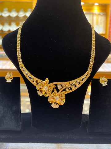 21k Solid Gold Elegant Ladies Floral With Stone Necklace Set ls1068 - Royal Dubai Jewellers