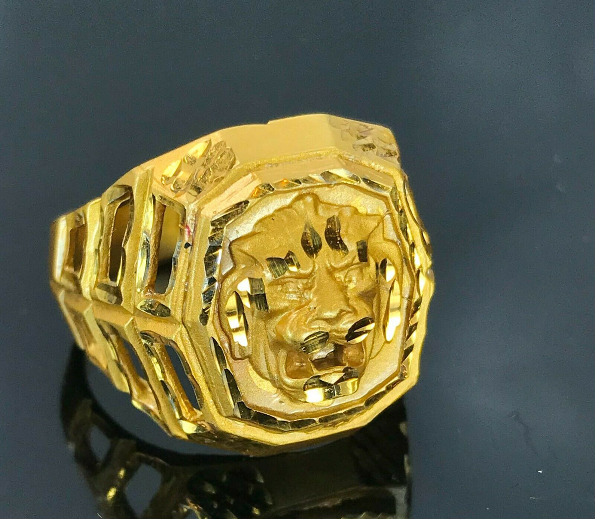 22k Ring Solid Gold Elegant Charm Mens Lion Head Design Ring Size R2045 ...
