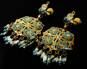 22k Necklace Set Solid Gold Ladies Long Pearl and Turquoise Design LS1034 - Royal Dubai Jewellers