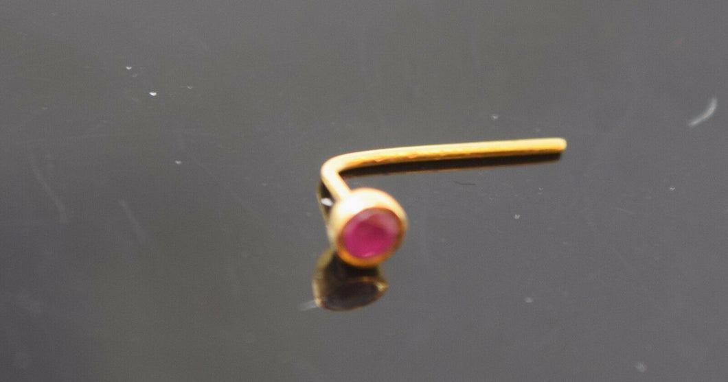 Authentic 18K Yellow Gold L-Shaped Nose Pin Stud Red Birth Stone July n137 - Royal Dubai Jewellers