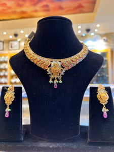 22k Sold Gold Traditional Ladies Mix Color Enamel Floral Necklace Set c2336z - Royal Dubai Jewellers