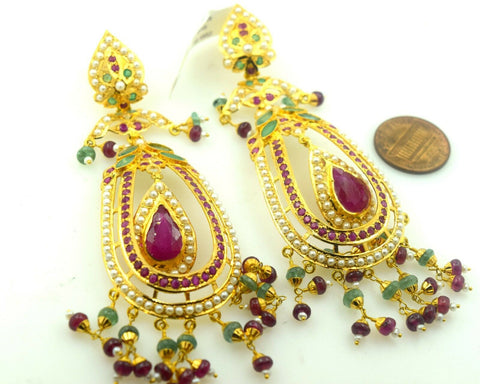 22k Gold Jewelry LONG EARRINGS DANGLING chandeliers Ruby Pearl Emerald E594 - Royal Dubai Jewellers