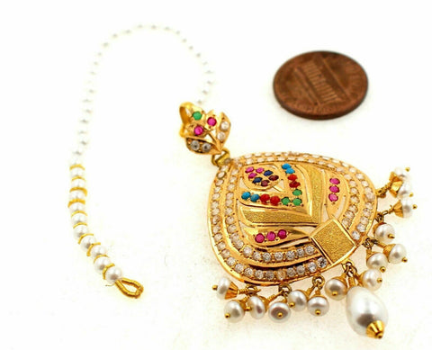22k 22ct Solid Gold DESIGNER JADAU NAVRATAN STONE Mang tikka with Hook BOX T36 - Royal Dubai Jewellers