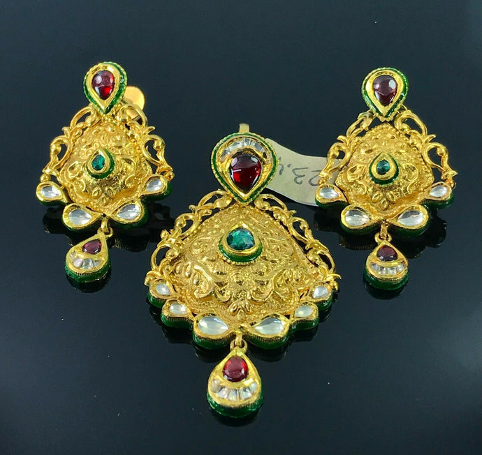 22k Pendant Set Solid Gold Ladies Classic Design With Enamel and Stones P396 - Royal Dubai Jewellers