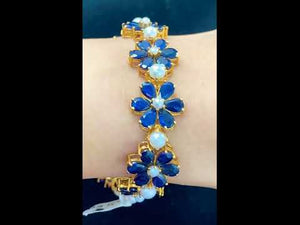 22k Jewelry Solid Gold ELEGANT Blue Sapphire Flower Stone Bracelet Size 7 B354