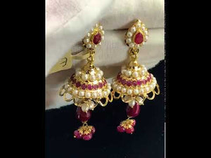 22k Earrings Solid Gold Ladies Classic Floral Color Stone Jhumki Design E6612