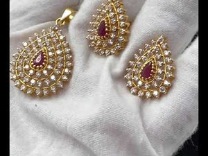 22k 22ct solid gold ruby stone drop shape women's pendant set p1158